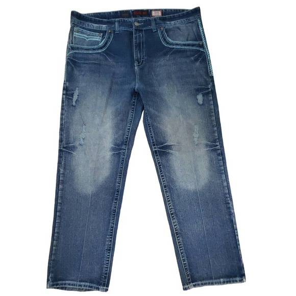 GS115 Brand Men's Blue Jeans Original Brand Size 46×32 Embroydered, Distressed. - Picture 1 of 13